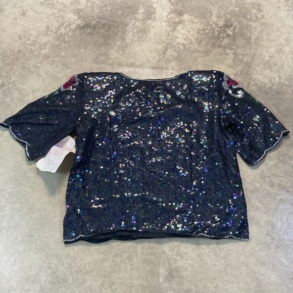 Elegance by Anujan Top Womens XL Black Vintage Sparkly Formal Silk Sequin - Picture 4 of 10